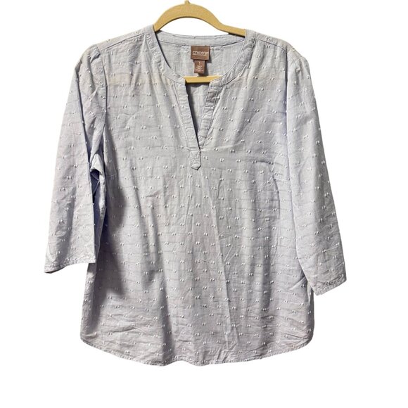 Chicos Size M Light Blue Cotton Textured 3/4 Sleeve Blouse - Picture 2 of 12